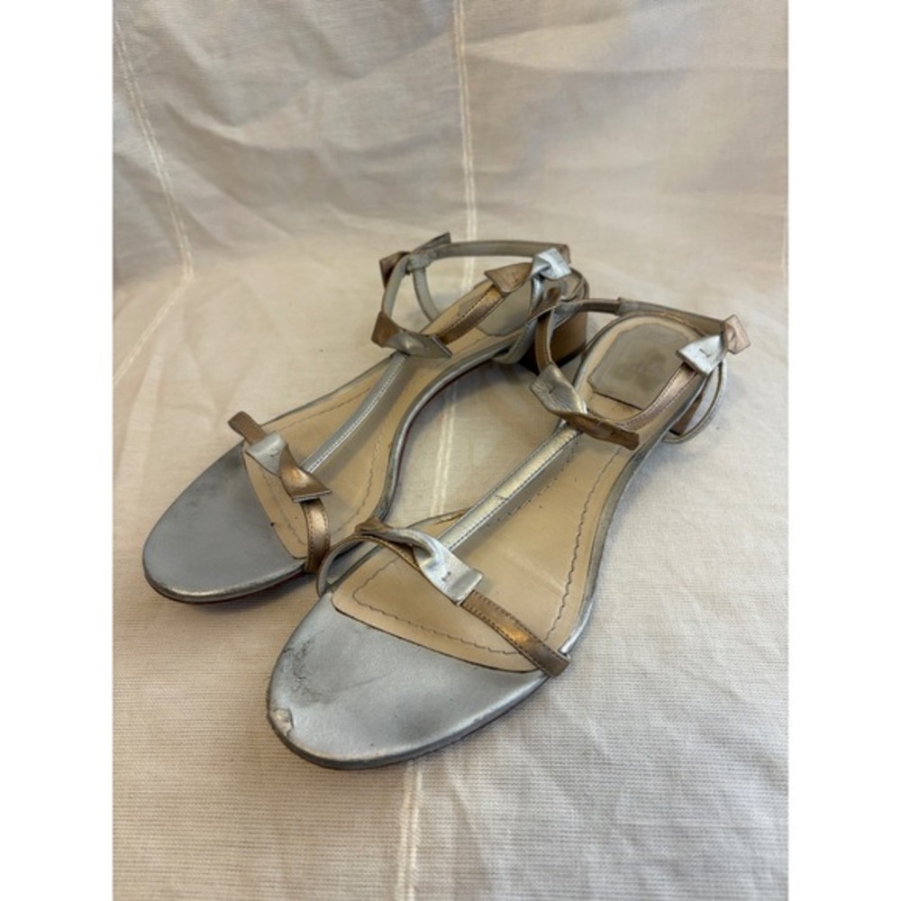 Christian Dior‎ Metallic Silver Gold Bow Strappy Low Block Heel Sandals Size 38